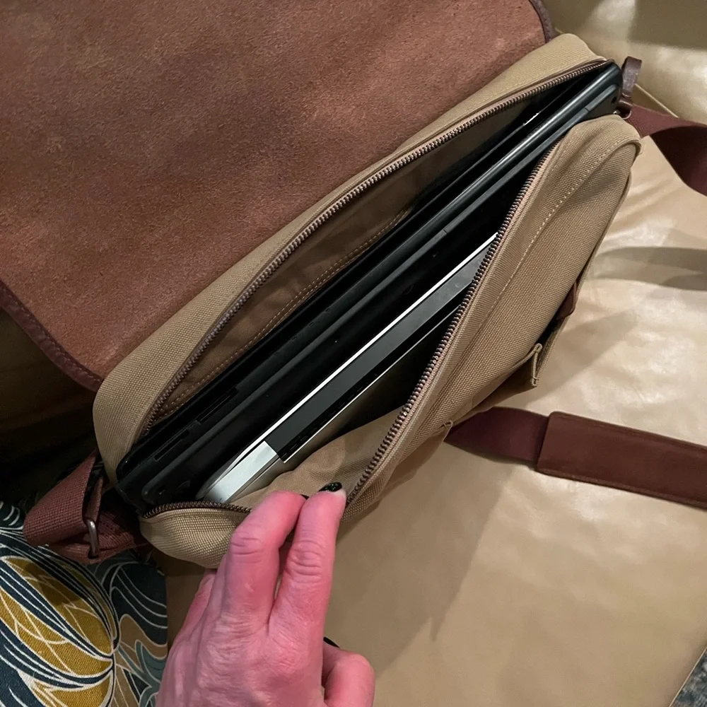 Longchamp Beige and Brown Leather-Trim Briefcase